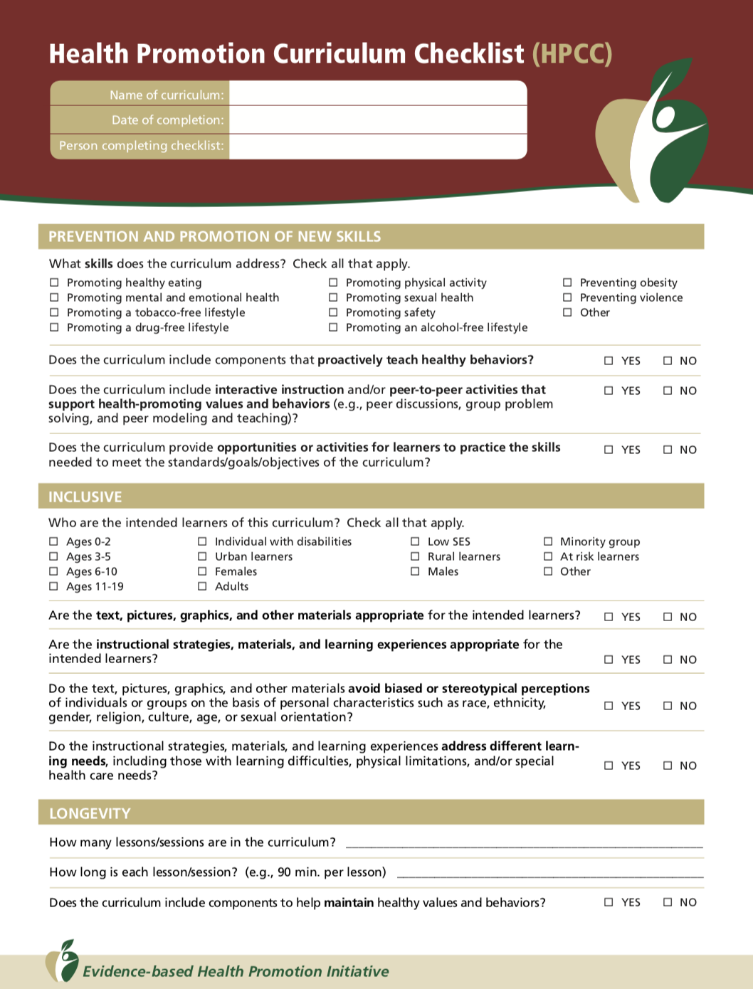 Health Promotion Curriculum Checklist